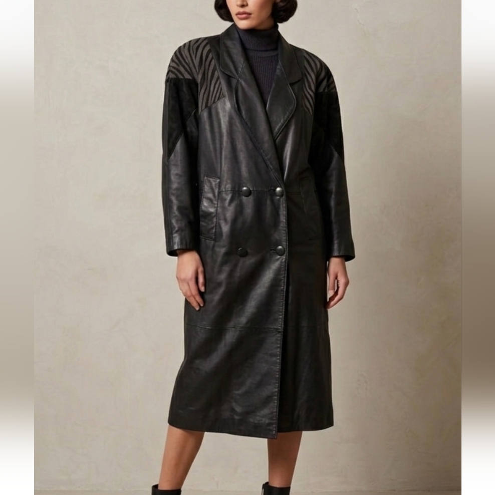 Vintage Ada 80s Leather Trench Coat - Pleated Shoulders - Size S